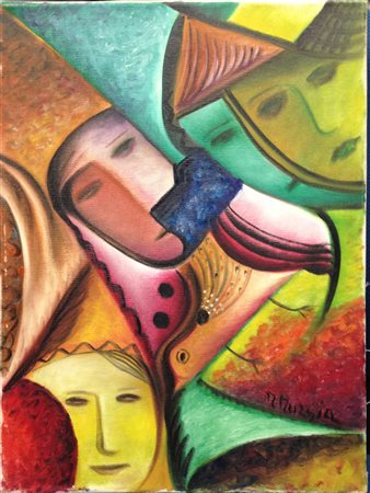 Maria Murgia "Maschere" 1994 Olio su tela cm 40x30 - Firma in basso dx e sul...