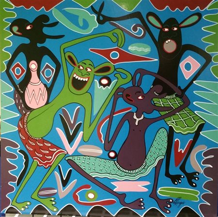 Georges Lilanga "Danza africana" Olio su masonite cm 61x61 - Autentica su...