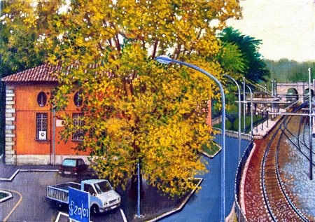 Sergio Ceccotti "Stazione " olio su tela cm 35x50 Autentica dell'artista su foto