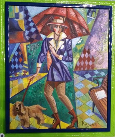 Isaac Kaplan "L'ombrello rosso" 2015 olio su tela cm 46x38 - opera ben...