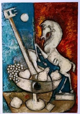 Bruno Landi "Natura morta con cavallino" olio e smalti su cartoncino spesso...