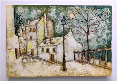 Bruno Landi "Montmartre (Parigi)" olio e smalti su cartoncino spesso cm 41x60...