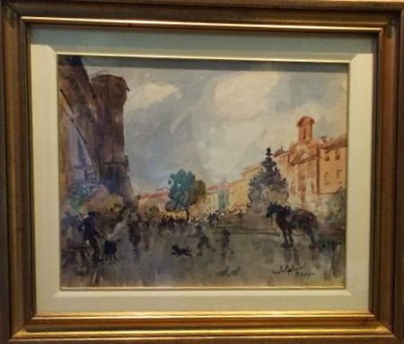 Giulio Falzoni "Il mercato di Cesena" acquerello su cartone cm 50x70 - Firma...