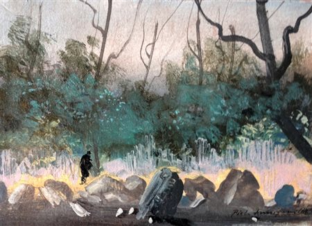 Pietro Annigoni "Paesaggio toscano" olio su cartoncino cm 14,5x19 - Firma in...