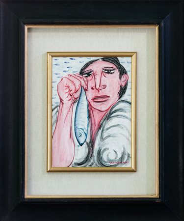 Giuseppe Migneco "La pescatrice" T.M. su carta intelata cm 30x20 opera ben...