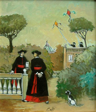 Nino Caffé "Pretini con aquilone" 1968 Olio su tavola cm 20x23- Firma in...