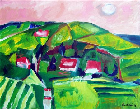 Enrico Paulucci "Langhe" 1979 Olio su tela cm 45x35 - Firma in basso dx...