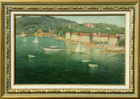 Ettore Matthey "Veduta di Sestri Levante" 1930 Olio su tela cm 34x53 - Firma...