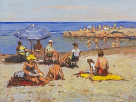 Giorgio Luxardo Livorno 1937 Bagnanti presso i 3 ponti , Olio su tavola , cm....