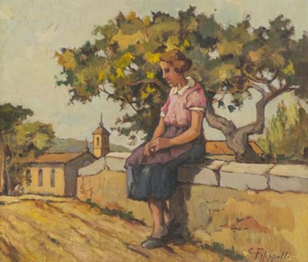 Cafiero Filippelli Livorno 1889 1973 Donna sul muretto , Olio su tavola, cm....