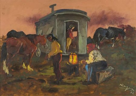 Basso Ragni Termoli 1921 Livorno 1979 Gitani di sera 1972, Olio su tavola,...