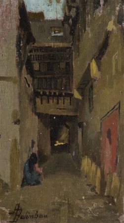 Adolfo Belimbau 1845 1938 Vicolo , Olio su tavola, cm. 14,5x8,5 Firmato in...