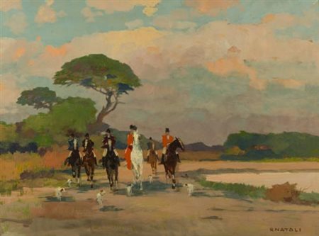 Renato Natali Livorno 1883 1979 Caccia alla volpe , Olio su tavola, cm. 60x80...