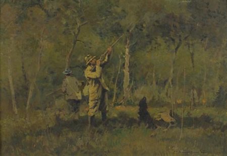 Carlo Domenici Livorno 1897 Portoferraio 1981 Cacciatori , Olio su cartone,...