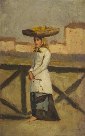 Eugenio Cecconi Livorno 1842 Firenze 1903 Pescivendola , Olio su tavola, cm....