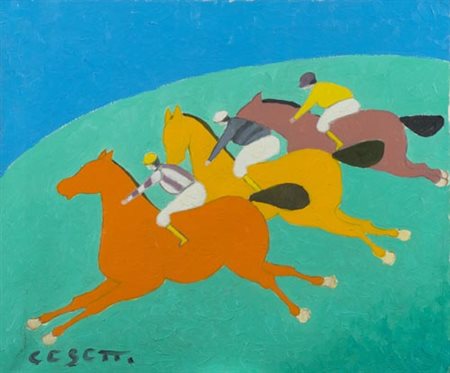 Giuseppe Cesetti Tuscania (Vt) 1902 1990 Tre fantini al galoppo , Olio su...