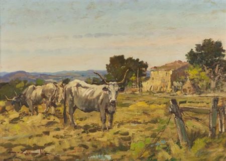 Masaniello Luschi Livorno 1942 Livorno 1995 Buoi maremmani , Olio su tela,...