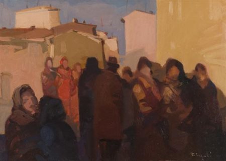Dino Pelagatti Livorno 1932 Movimento in paese , Olio su tela, cm. 50x70...