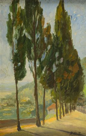 Fernando Riblet 1873 1944 Viale alberato , Olio su faesite, cm. 50x34 Firmato...