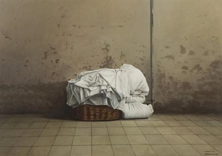 Michele Tarrico Trieste 1927 Cesto di Biancheria , Olio su tela, cm. 50x70...