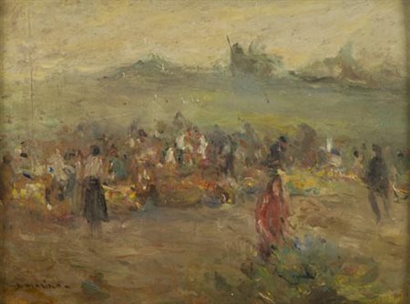 Francesco Di Marino 1892 1954 Paesaggio con figure , Olio su tavola, cm....