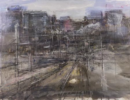 Riccardo Luchini Milano 1949 Città , Olio su cartoncino, cm. 67x90 Firmato in...