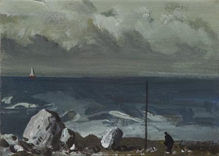 Pietro Annigoni Milano 1910 Firenze 1988 Marina con figura , Olio su cartone...