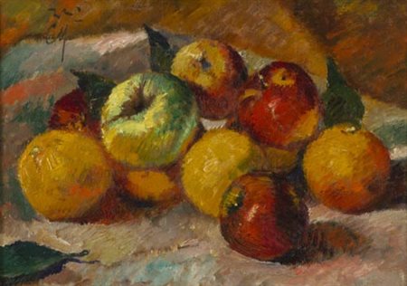 Corrado Michelozzi Livorno 1883 1965 Frutta sul tavolo , Olio su tavola, cm....