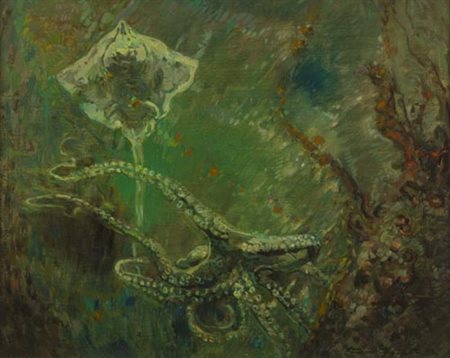 Gino Romiti Livorno 1881 1967 Fondale marino 1954, Olio su faesite, cm. 40x50...