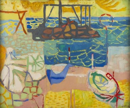 Enrico Paulucci Genova 1901 Torino 1999 Marina 1960, Olio su tela, cm. 50x60...