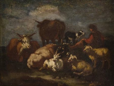Philipp Peter Roos (Rosa da Tivoli) 1655 1706 Pastore con armenti , Olio su...