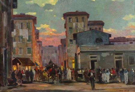 Renato Natali Livorno 1883 1979 Scorcio di città con figure , Olio su tela,...
