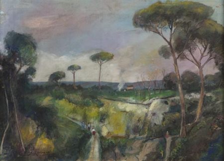 Giuseppe Casciaro Ortelle (Le) 1863 Napoli 1954 Paesaggio con figure 1914,...