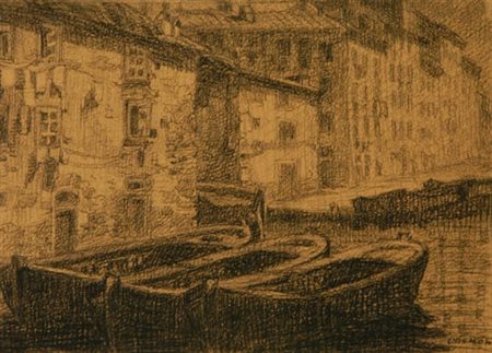 Carlo Domenici Livorno 1897 Portoferraio 1981 Barconi in Venezia , Carboncino...