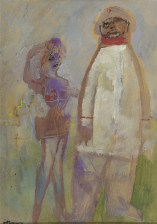 Mino Maccari Siena 1898 Roma 1989 Figure , Olio su tavola, cm. 52,5x37,5...