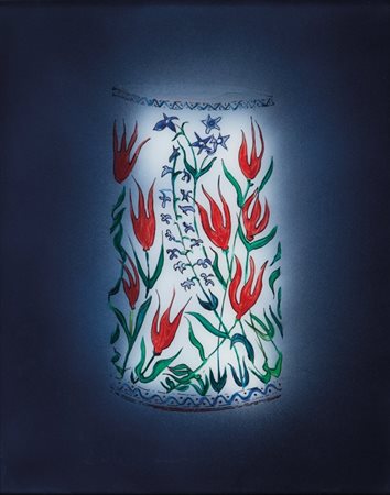 ALDO MONDINO (1938-2005) Vaso 2001olio su vetro cm 49,3x39,5firmato e datato...