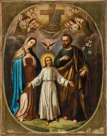 OLIO su tela "Sacra Famiglia con Spirito Santo e Angeli". Sicilia fine XVIII...