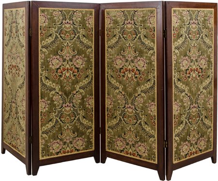 PARAVENTO a quattro ante in noce con stoffa damascata. Sicilia primi '900...