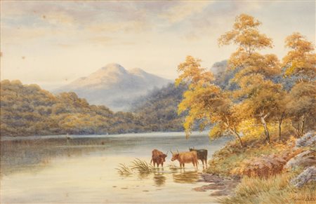 HAROLD LAWES ACQUARELLO su carta "paesaggio lacustre con armenti", firmato in...