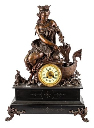 OROLOGIO in antimonio con scultura raffigurante "figura mitologica", base in...