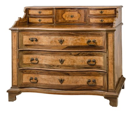 BUREAU in noce e radica di olmo perfilato in palissandro con tre cassetti e...