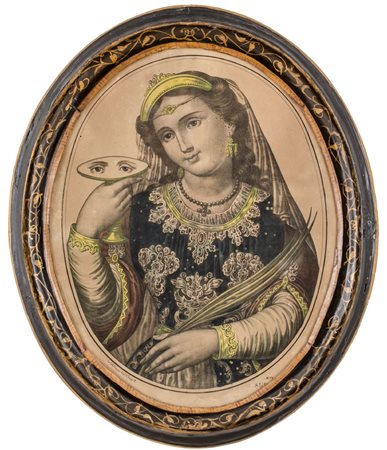 INCISIONE a colori raffigurante "Santa Lucia" entro cornice in legno laccato...