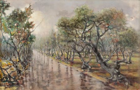 A. TUSA OLIO su masonite "paesaggio alberato". XX secolo Misure: cm 59 x 90,5