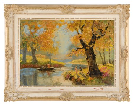 GIORDANI OLIO su tela "paesaggio lacustre con personaggi", firmato in basso a...