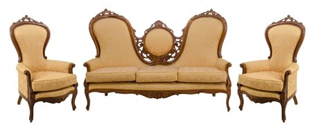 SALOTTO composto da DIVANO e due POLTRONE stile Luigi Filippo in noce. Italia...