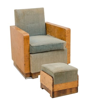 POLTRONA e POUF deco' in radica di tuja e palissandro. Italia I meta' '900...