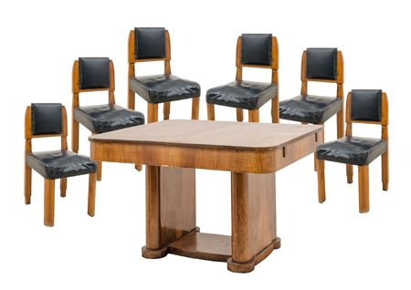 TAVOLO con sei SEDIE deco' in noce e radica di noce con tappezzeria in...