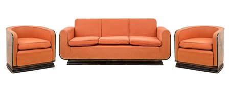 DIVANO E DUE POLTRONE deco' a pozzetto in radica di noce, base in legno...