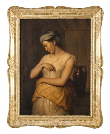 OLIO su tela "vestale" entro cornice a guantiera in legno dorato ad oro...