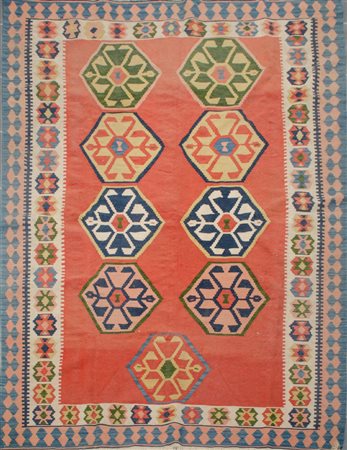 TAPPETO Kilim Qashqai, trama e ordito in lana. Persia XX secolo Misure: cm...